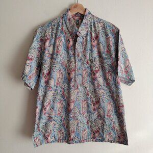 Kahala Mens Hawaiian Shirt L Vintage Leaf Reverse Print Blue Red Cotton Shirt